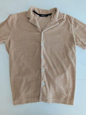 Kenneth Cole Sz M New York Tan Camp Collar Button-Up Textured Fuzzy Soft Shirt